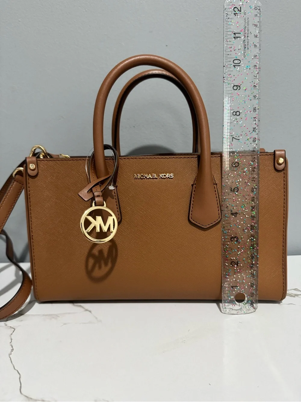 Michael Kors Tan Saffiano Leather Satchel with Gold Hardware
